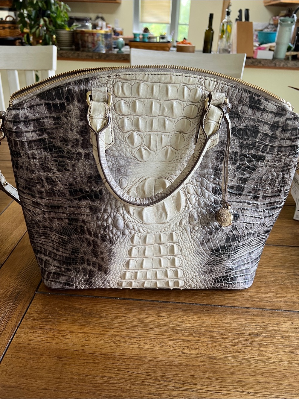 Brahmin Croc-Embossed Satchel in Cream and Gray
